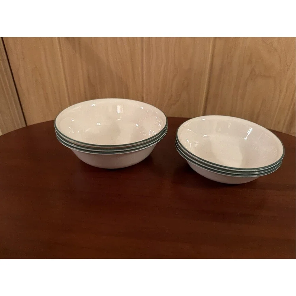 Set Of 6 Corelle Home Garden Birdhouse 3 Cereal Bowls &3 Dessert Green Strip GUC